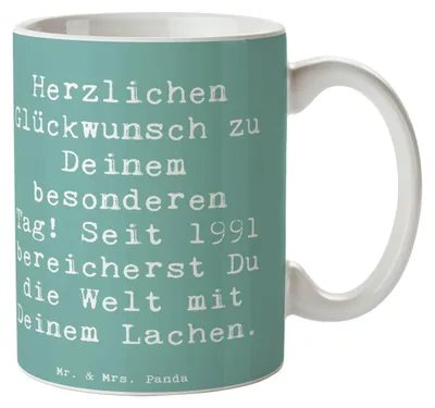 Produktbild von Mr. & Mrs. Panda Teetasse Spruch 1991 Geburtstag - Meeresbrise - Geschenk, Alter, Geburtstagswünsche, Erinnerungen, Trinkbecher, Glückwunsch, Tasse, Geschenke, Becher