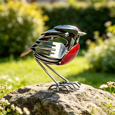 Produktbild von Metallische Statue eines Rotkehlchens zur Dekoration des Gartens