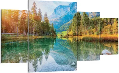 Produktbild von Bild auf Leinwand - Leinwandbild - 4 Teile - Landschaft Berge Morgendämmerung - 160x90cm - Wand Bild - Wanddeko - Wandbilder - Leinwanddruck - Bilder - Wanddekoration - Leinwand bilder - DL160x90-4456