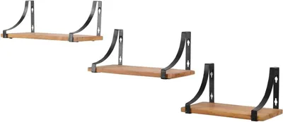 Produktbild von iAnanas Rustikale Wandregale Set aus 3 Holz mit Schwarz Metallhalterungen Massivholz Wandmontierte