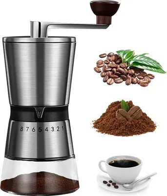 A coffee grinder is shown next to coffee beans, ground coffee, and a cup of coffee.