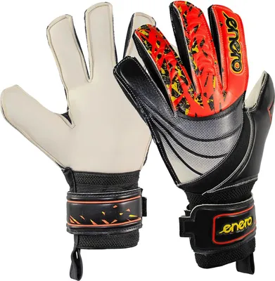 Immagine prodotto di Guanti da portiere Enero BASIC taglia 6 - Palmo in lattice con presa forte, taglio piatto per libertà di movimento, imbottitura in PVC da 2,5 mm, chiusura in velcro regolabile, leggeri e traspiranti, certificati CE, nero/rosso/bianco - Junior Allenamento e tempo libero