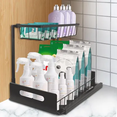 Produktbild von Unter Waschbecken Regal, 2 Etagen Küchen Organizer, Spülschrankregal, Gewürzregal, Spülbecken Organizer, Küchenregal, Schwarz