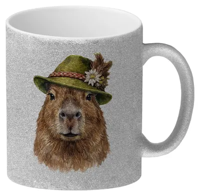 Produktbild von Capybara mit alpenländischem Trachtenhut Glitzer-Kaffeebecher