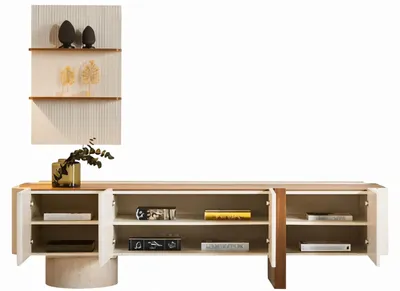 Image de Meuble TV bas moderne avec étagère murale en MDF, au design élégant
