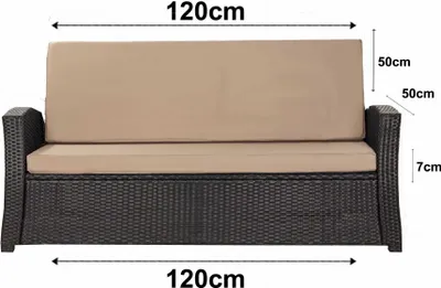 A front view of a beige and black outdoor sofa cushion with dimensions indicated.