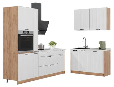 Produktbild von Küchenzeile Vicco Fame-Line Weiß Landhaus/Goldkraft Eiche 220 x 120 cm, AP Anthrazit, Model 64999