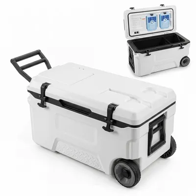 Obrázok produktu pre Chladiaca taška COSTWAY 50 l, veľká plastová chladiaca taška s kolieskami a rukoväťou, prenosná izolačná taška s odtokovou zátkou, držiakom na nápoje a bezpečnostným uzáverom