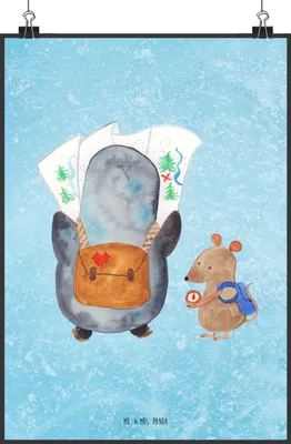 Produktbild von Mr. & Mrs. Panda Bild Pinguin & Maus Wanderer DIN A0 - Eisblau - Geschenk, Wandern, Wanderlust, wanddeko, Wandbild, Plakat, Kunstdruck, wandkunst