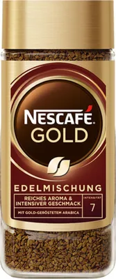 A jar of Nescafé Gold instant coffee.