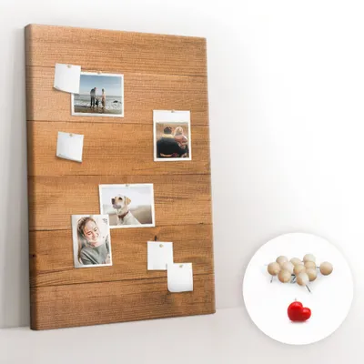 Obrázok produktu pre Korková tabuľa Tabuľa na poznámky Tabuľa na špendlíky - učebná pomôcka 80x120 cm - 100ks drevených kolíkov - Drevené panely