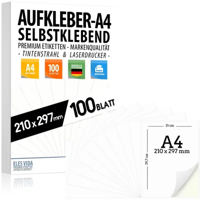 Produktbild von 100 selbstklebende DIN A4 Etiketten Aufkleber, 210x297 mm, universell