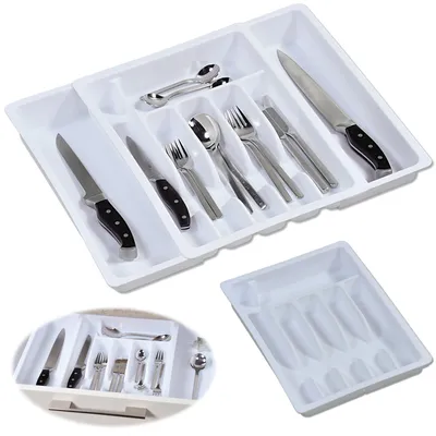Produktbild von LS-LebenStil Schubladeneinsatz Besteckkasten 29-50cm Weiß Kunststoff ausziehbar Besteckbox Organizer Schubladentrenner Küche verstellbar für Schublade