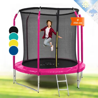 Produktbild von Klarfit Kinder Trampolin Indoor/Outdoor, Kleines Trampolin für Kinder, Kindertrampolin Rutschfest, Trampolin mit Leiter, Randabdeckung und Sicherheitsnetz, UV-Beständiges Trampolin Klein, 250cm