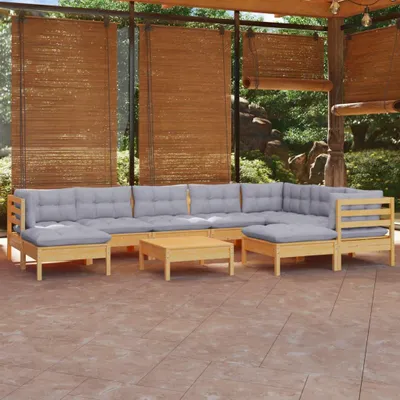 Imagen del producto de vidaXL Juego de jardín de 10 piezas con cojines grises, fabricado en madera maciza de pino