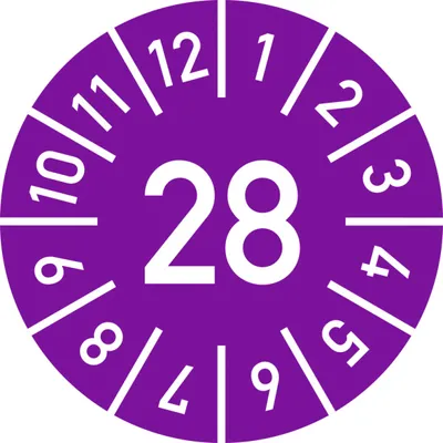 Produktbild von Dreifke® Prüfplakette Jahr 28 mit Monaten, violett, Folie-Spezialkl., Ø 25 mm...