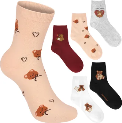 Image de BRUBAKER 5 paires de chaussettes femme 36-41 - motif ourson - chaussettes douces en coton - rouge beige noir gris