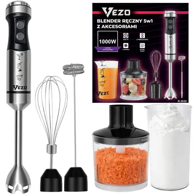 Produktbild von Vezo Handmixer 5in1 Stabmixer Set 1000W Edelstahl Pürierstab 15000 U min Zerkleinerer 500 ml Schneebesen Milchaufschäumer Messbecher 700 ml