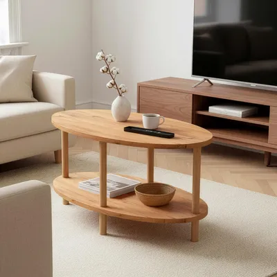 Produktbild von Beistelltisch Oval Eiche 2 Ablagen 70x44 cm Sofatisch Couchtisch Nachttisch Holz Skandinavisch (Oak, Oval)