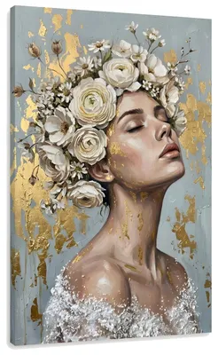Immagine prodotto di donna con  di fiori – quadro su tela per il soggiorno 80x120 cm, rifinito a mano, foglia oro | Papilora