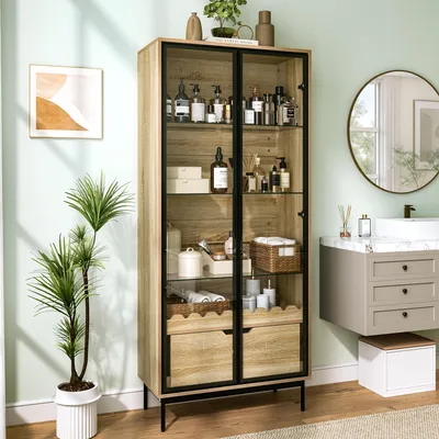 Produktbild von okwish Stauraumschrank mit Schublade und Glastür, Badezimmerschrank mit verstellbaren Glasböden, Hochschrank in Natur