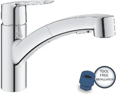 Produktbild von GROHE Küchenarmatur Start 30531001, Chrom, Einhand, herausziehbare Brause, 2 Strahlarten, 90 Grad schwenkbar, Deckmontage, Messing. Abmessungen: 45,5 x 23,5 x 8 cm, Ausgusshöhe 139 mm, Ausgussreichweite 9,5 Zoll, Schlauchlänge 520 mm, Anschluss 3/8 Zoll. Plastikfreie Verpackung, Luftsprudler austauschbar.
