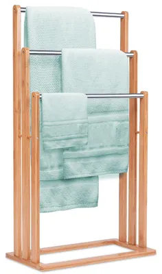 Productafbeelding van Vrijstaande handdoekhouder met 3 roestvrijstalen stangen, bamboe badkamerorganizer voor handdoeken en badjassen, 46 x 24 x 82,5 cm