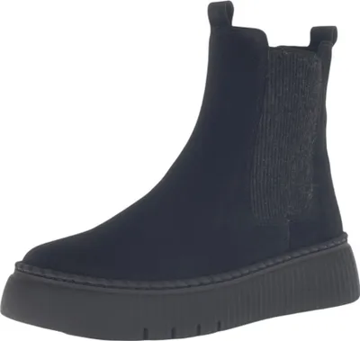 A single black Chelsea boot is shown against a white background.