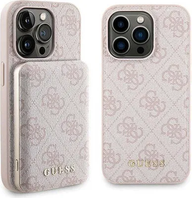 Produktbild von Guess Bundle Pack MagSafe 4G Metall Gold Logo - Etui Set + Power Bank 5000mAh MagSafe iPhone 15 Pro Max (rosa)