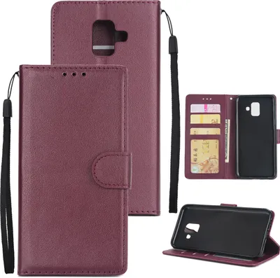 Produktbild von Für Samsung J6 plus Flip-Typ Leder Schutzhülle mit 3 Kartenposition Schnalle Design Cover Rotwein