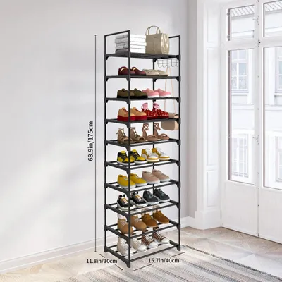 Image de Étagère à chaussures - Étagère à chaussures étroite, avec 10 niveaux - Structure métallique avec crochets - Dimensions réglables - 40 x 30 x 175 cm - Idéale pour l'entrée et la chambre
