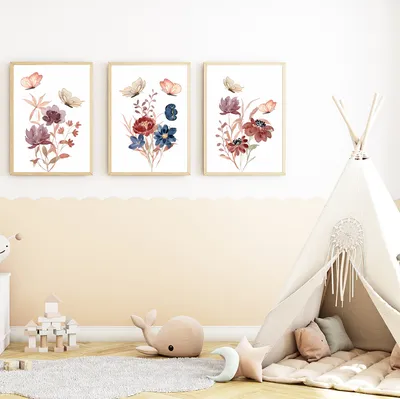 Produktbild von Natur Schmetterling Blumen 3er Set Kinderzimmer Bilder DIN A4 Wandbilder Deko Babyzimmer Poster