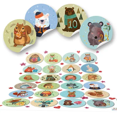Produktbild von 24 Zahlenaufkleber für DIY Adventskalender 4 cm bunte Tiere