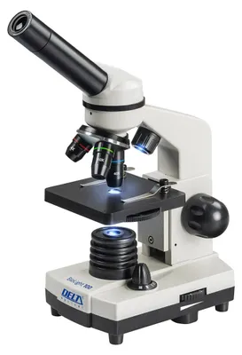 A white and black Delta Optical Biolight 100 microscope is shown against a white background.