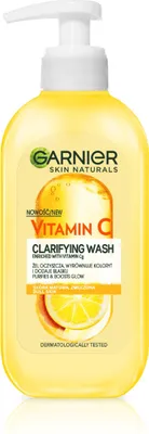 A product shot of a Garnier Vitamin C Clarifying Wash bottle with a pump dispenser.
