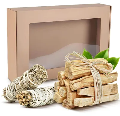 Produktbild von Cebador - Weihrauch Geschenkset Palo Santo 200g & Weißer Salbei 2x20-30g - Natürliches Räucherwerk - Geschenkbox Mit Sichtfenster - Aus Ecuador & USA