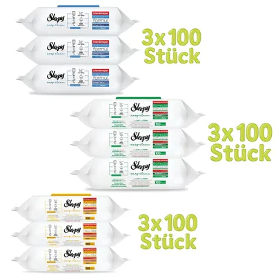 Produktbild von Sleepy Feuchttücher für alle Zwecke Reinigungstücher - 3x Weiße Seife, 3x Gelb Eukalyptusduft, 3x Blau Fichtenduft (900 Stück)