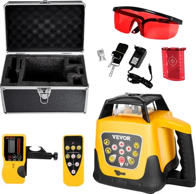 Zdjęcie produktu dla Obrotowy niwelator laserowy VEVOR, czerwona wiązka, zasięg 300 m, regulowane nachylenie, obracany o 360°, samopoziomujący, elastyczny kąt skanowania, w zestawie pilot zdalnego sterowania, odbiornik i walizka transportowa