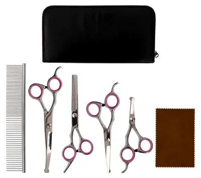 Produktbild von Hundescheren Set 5-teilig, Hundeschere mit Einstellschrauben, gebogene Fellschere für Hunde und Katzen, Fellpflege Set, Haarschere aus Edelstahl