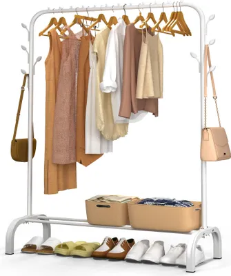 Produktbild von VOUNOT® Metall Kleiderständer ,Kleiderstange Garderobenständer mit Schuhregal und 8 seitlichen Haken 110x41x150cm Weiß