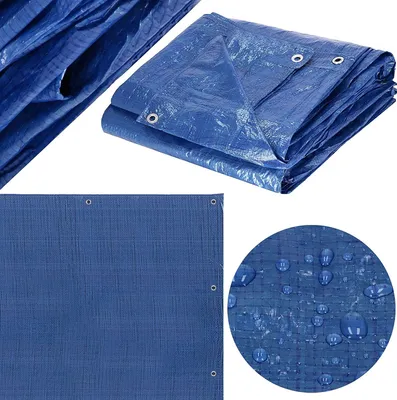 A collage of images showing a blue tarp from different angles, including a close-up of water droplets on its surface.