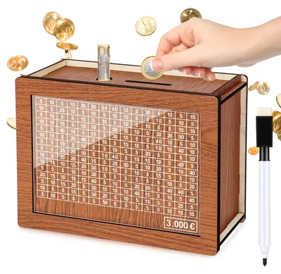 Produktbild von Wiederverwendbare Spardose aus Holz mit Zähler und Zahlen, geeignet für Kinder und Erwachsene.
