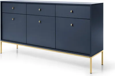 Produktbild von RAVIO Kommode Bari KSZ154 breite 154cm Sideboard mit Metallfüße drei Schubladen und Türen (Dunkelblau + Goldene Beine)