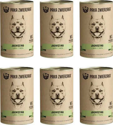 A product shot of six cans of dog food arranged in two rows of three.