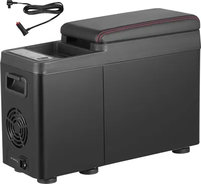 A black car refrigerator with a padded armrest on top, shown from a slight diagonal angle.