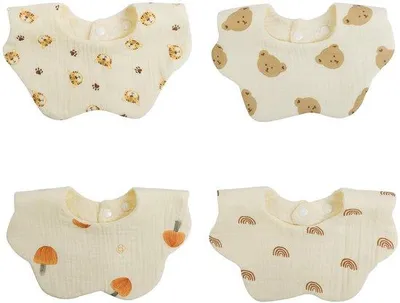 Produktbild von Unyqoos® 4er-Set Musselin-Babylätzchen, 100% Baumwolle, weich & saugfähig, verstellbare Druckknöpfe, 0–36 Monate, bunte Muster