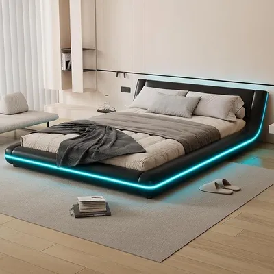 Produktbild von Polsterbett 160x200 cm mit LED-Beleuchtung, Lattenrost, Kopfteil & Kunstleder - Bett Jugendbett Bettgestell Doppelbett (Schwarz, 160x200cm)