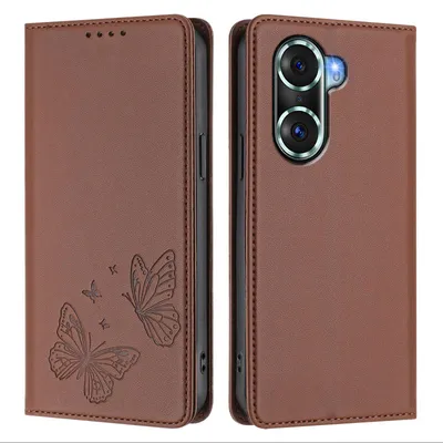 Produktbild von Lederhülle für Honor 60 Pro, Schmetterling Prägung Leder Brieftasche Schutzhülle mit Ständer Braun