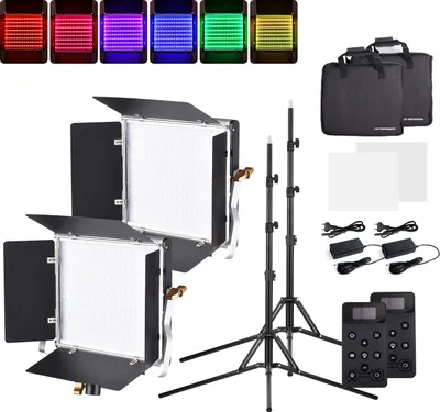 Produktbild von Andoer W480RGB 2-teiliges zweifarbiges Fotolicht, 40-W-LED-Lichtpaneel, 480-teilige LED-Perlen, 2500šC9000 K, dimmbar, 20 spezielle Lichteffekte, DC/NP-Serie, batteriebetrieben, mit LCD-Bildschirm, Metall-Barndoor-Fernbedienung und 2 Stativen