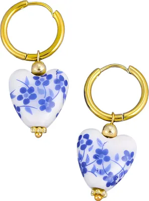Immagine prodotto di Orecchini Pendenti NA-38889 in Oro, Bianco e Blu con Cuore in Porcellana KP38889